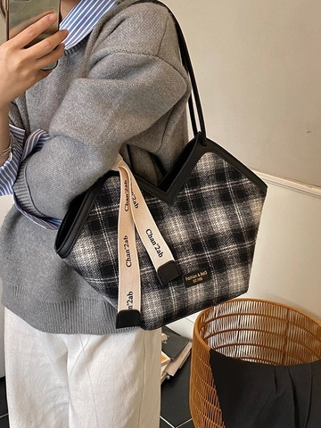 Vintage Vrouwen Plaid Wollen Draagtas Grote Capaciteit V-Hals Opening Schoudertas Met Lint Decoratie Mode Forenzentas