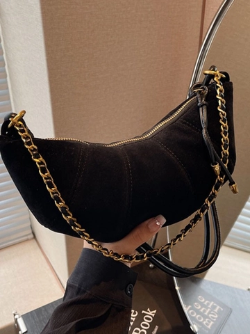 Bolso Bandolera Croissant de Gamuza Acolchada para Mujer Cadena de Oro Bolso de Hombro Plisado Vintage Medialuna Dumpling