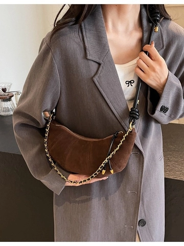Bolso Bandolera Croissant de Gamuza Acolchada para Mujer Cadena de Oro Bolso de Hombro Plisado Vintage Medialuna Dumpling