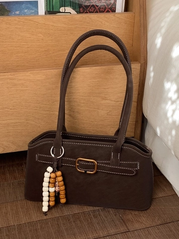 Women Retro PU Leather Shoulder Underarm Bag Minimalist Solid Color Contrast Stitching Handbag With Beaded Charm Metal Buckle Bag