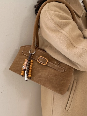 Women Retro PU Leather Shoulder Underarm Bag Minimalist Solid Color Contrast Stitching Handbag With Beaded Charm Metal Buckle Bag
