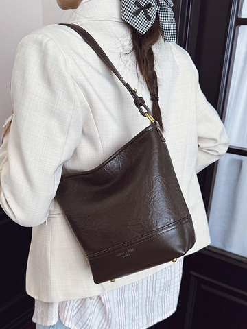 Damen Vintage PU Leder Eimer Schultertasche Mit Breit Gewebtem Verstellbarem Gurt Litschi Muster Mode Pendeln Umhängetasche