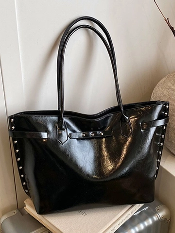 Retro Large Capacity PU Leather Tote Bag For Women With Rivet Decoration Stylish Shoulder Underarm Bag For Casual Commuting