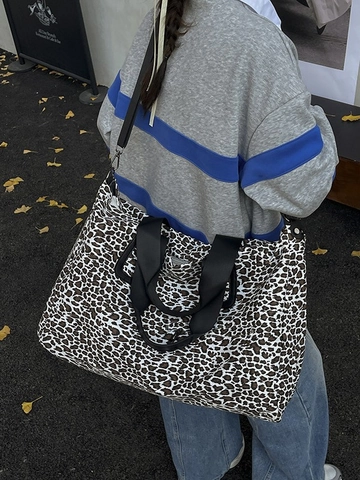 Borsa da Viaggio Leopardata Grande Capacità Tote in Poliestere Borsa a Tracolla Donna Casual Moda Weekend Duffel Bag