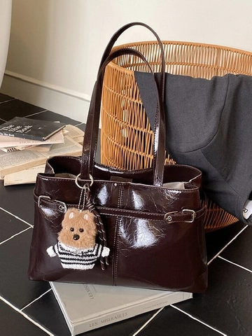 Vintage Large Capacity PU Leather Tote Bag For Women Minimalist Commuter Shoulder Bag With Plush Bear Pendant Handbag