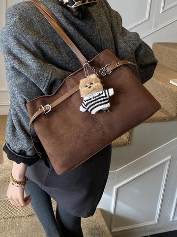 Vintage Large Capacity PU Leather Tote Bag For Women Minimalist Commuter Shoulder Bag With Plush Bear Pendant Handbag