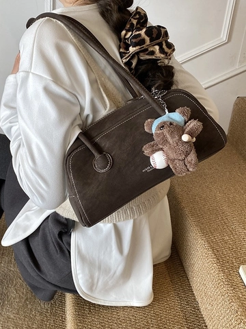 Borsa Sottobraccio Boston in Pelle PU Vintage per Donna Grande Capacità Smerigliata Cuciture a Contrasto Borsa a Spalla