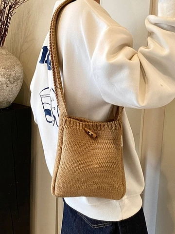 Borsa a Spalla Secchiello in Maglia Vintage per Donna Borsa a Tracolla in Maglia Casual Versatile Con Bottone in Corno e Etichetta