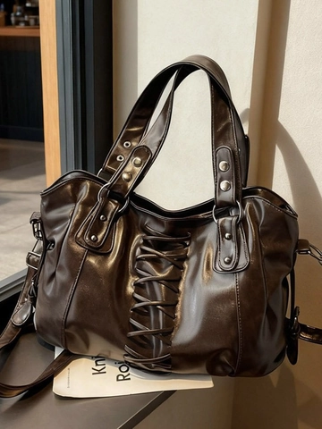 Sac Cabas en Cuir PU Grande Capacité Vintage Punk Rivet Sac à Bandoulière à Lacets Corset Pour Femme Trajet Quotidien