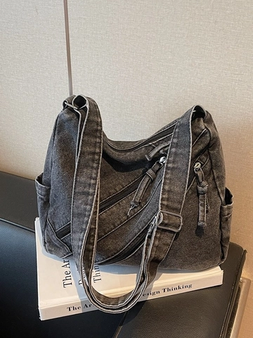 Borsa a Tracolla in Denim Lavato Vintage per Donna Grande Capacità Tasche Multiple con Cerniera Borsa a Spalla Casual Tote Hobo