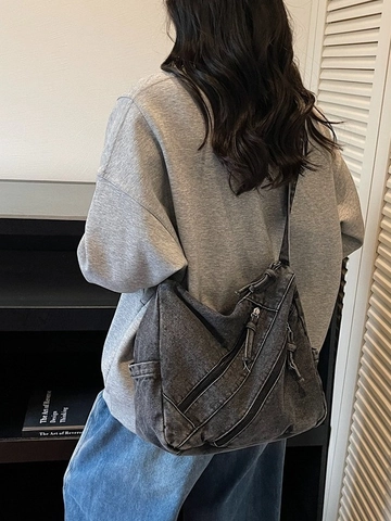 Borsa a Tracolla in Denim Lavato Vintage per Donna Grande Capacità Tasche Multiple con Cerniera Borsa a Spalla Casual Tote Hobo
