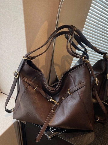 Vintage PU Leather Large Capacity Backpack For Women Maillard Style Commuter Tote Shoulder Crossbody Bag With Adjustable Straps