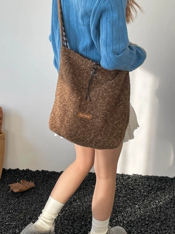 Damen Vintage Plüsch Einkaufstasche Große Kapazität Teddy Fleece Schultertasche Mit Karofutter Kordelzug Lässige Tasche
