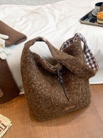 Damen Vintage Plüsch Einkaufstasche Große Kapazität Teddy Fleece Schultertasche Mit Karofutter Kordelzug Lässige Tasche