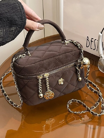 Borsa Vanity trapuntata in pelle scamosciata da donna Borsa a tracolla con catena a rombi di lusso Borsa a mano con manico superiore elegante con ciondolo a fiore