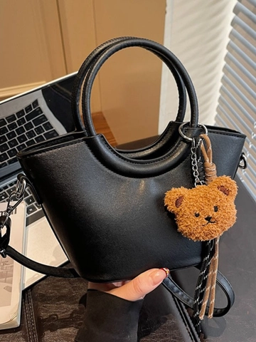 Women's Retro PU Leather Bucket Bag Korean Fashion Handheld Crossbody Bag With Plush Bear Pendant And Stitching Details