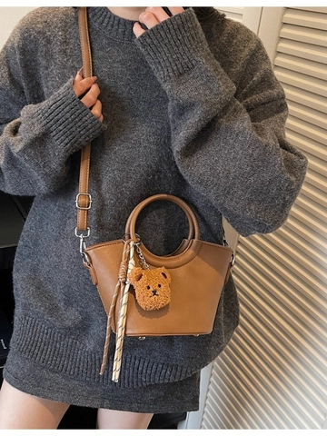 Women's Retro PU Leather Bucket Bag Korean Fashion Handheld Crossbody Bag With Plush Bear Pendant And Stitching Details