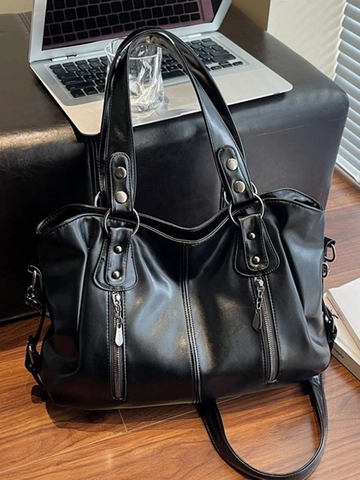Borsa Tote in Morbida Pelle PU Vintage da Donna di Grande Capacità Borsa a Tracolla alla Moda con Cerniere in Metallo e Borchie
