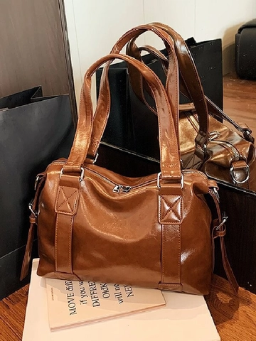 Bolso Tote de Cuero PU de Gran Capacidad Vintage para Mujer Bolso de Hombro Retro de Color Sólido Bolso de Mano de Moda
