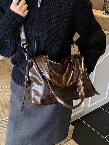 Bolso Tote de Cuero PU de Gran Capacidad Vintage para Mujer Bolso de Hombro Retro de Color Sólido Bolso de Mano de Moda