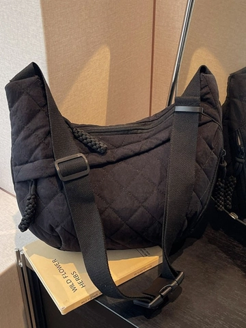 Women Large Capacity Quilted Rhombic Crossbody Bag Lightweight Polyester Half Moon Hobo Dumpling Bag Sporty Shoulder Bag