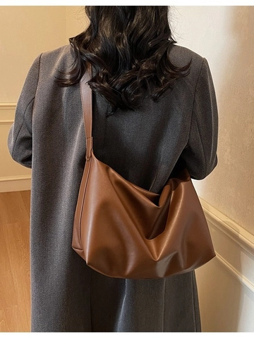 Women Large Capacity PU Leather Hobo Bag Minimalist Solid Color Commuting Shoulder Bag Retro Casual Crossbody Tote Bag
