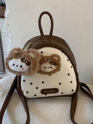 Damen Mini Rucksack Japanischer Süßer Stil Polka Dot PU Leder Patchwork Kleiner Rucksack Mit Plüschbär Anhänger Für Mädchen Casual