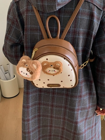 Damen Mini Rucksack Japanischer Süßer Stil Polka Dot PU Leder Patchwork Kleiner Rucksack Mit Plüschbär Anhänger Für Mädchen Casual