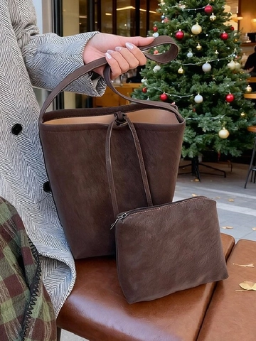 Borsa Tote in Pelle PU Donna Grande Capacità Minimalista Retrò a Tracolla a Secchiello Con Pochette Per Lavoro Quotidiano Viaggi