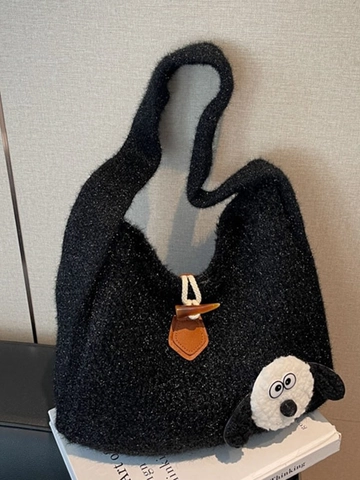 Sac Cabas en Tricot Style Japonais pour Femmes Grande Capacité Sac à Épaule au Crochet Avec Écusson de Dessin Animé