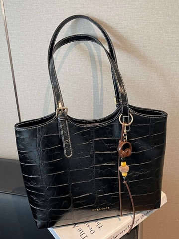 Vintage Crocodile Pattern Large Capacity Tote Bag For Women PU Leather Shoulder Bag With Creative Bag Charm Daily Use