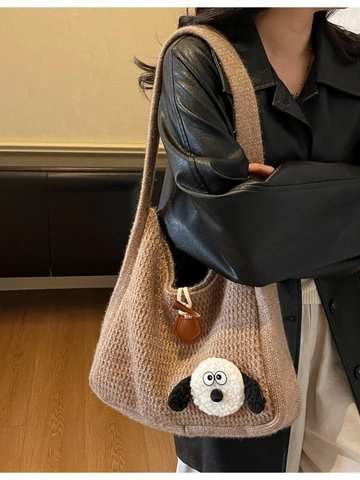 Sac Cabas en Tricot Style Japonais pour Femmes Grande Capacité Sac à Épaule au Crochet Avec Écusson de Dessin Animé