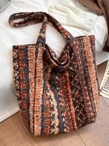Bolso Tote de Gran Capacidad para Mujer Reversible de Punto Felpa Otoño Invierno Leopardo Rombo Rayado Bolso de Hombro Retro