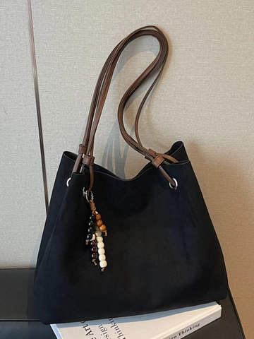 Grand Sac Cabas Rétro en PU pour Femmes Avec Pendentif en Perles Style Coréen Sac à Épaule Souple