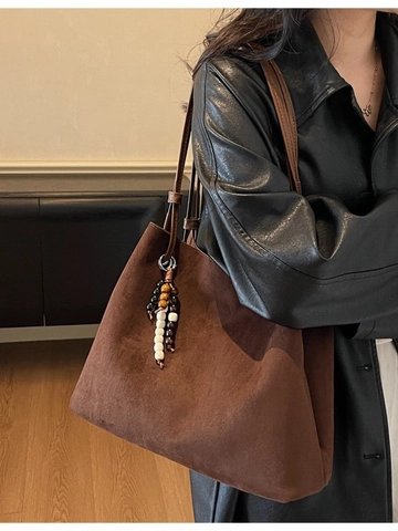Grand Sac Cabas Rétro en PU pour Femmes Avec Pendentif en Perles Style Coréen Sac à Épaule Souple