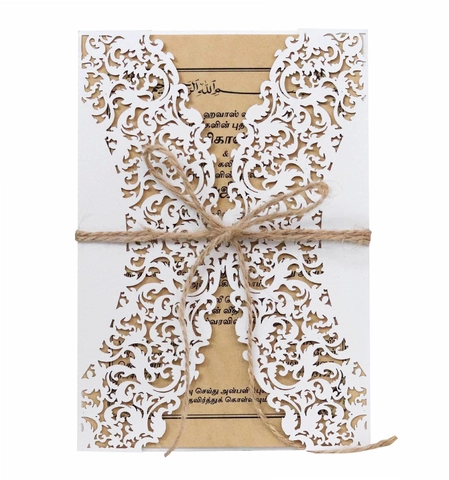 Invito di Matrimonio Taglio Laser Carta Perlata Foglio Interno Kraft Busta Corda di Canapa Pizzo Europeo Biglietto Auguri