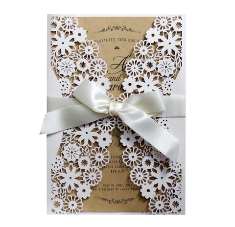 Romantic Laser Cut Flower Wedding Invitation Card Set Pearlescent Paper Hollow Greeting Cards With Ribbon Bow For Celebration