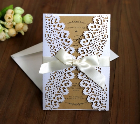 Laser Cut Wedding Invitations White Hollow Floral Invitation Cards With Bow Ribbon Kraft Inner Page Envelope Party Decor