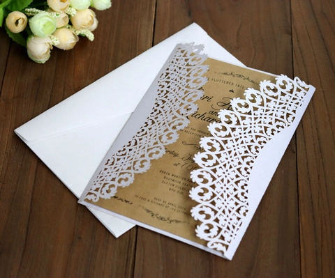 Laser Cut Wedding Invitations White Hollow Floral Invitation Cards With Bow Ribbon Kraft Inner Page Envelope Party Decor