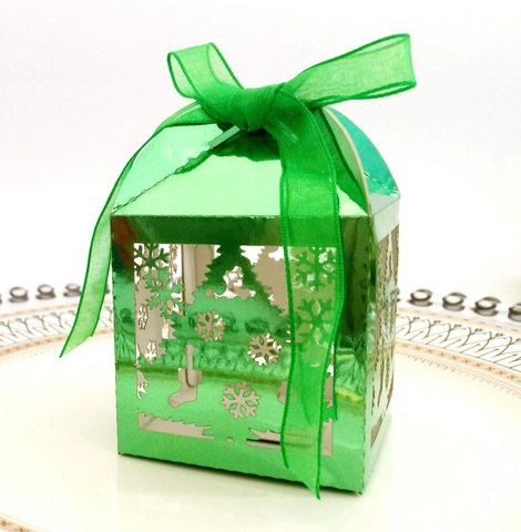 Caja de Regalo para Caramelos Calada con Láser de Navidad Papel Perlado Diseño de Copo de Nieve y Árbol de Navidad Con Cinta para Bodas Fiestas