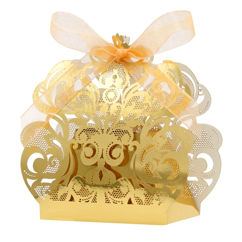 Caja de Caramelos de Corona de Corte Láser de Lujo Caja de Regalo de Papel Nacarado Europeo Con Cinta Para Boda Fiesta
