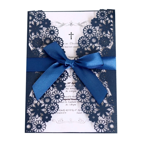 Romantic Laser Cut Flower Wedding Invitation Card Set Pearlescent Paper Hollow Greeting Cards With Ribbon Bow For Celebration