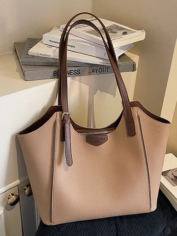Bolso de Mano Grande de Cuero PU para Mujer Patrón de Lichi Bolso de Hombro para Conmutador Color Sólido Uso Diario