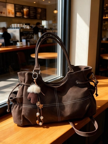 Retro Large Capacity PU Leather Tote Bag With Contrast Stitching Vintage Casual Shoulder Handbag For Women Daily Use With Adjustable Strap