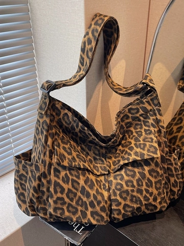 Borsa Tote in Tela a Grande Capacità Con Stampa Leopardata da Donna Borsa a Tracolla Mimetica Vintage Multitasca