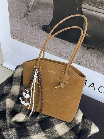 Sac Fourre-tout en Cuir PU pour Femmes Grande Capacité Vintage Sac à Bandoulière Avec Pendentif Chien Mignon Foulard