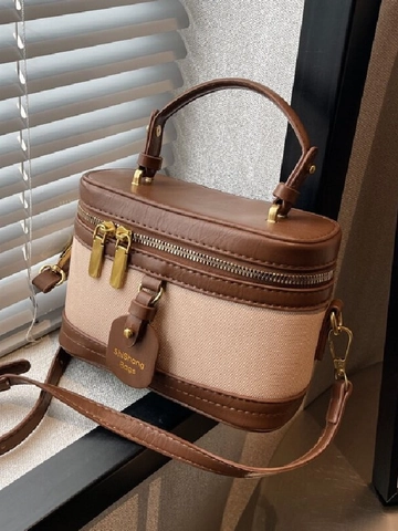 Bolso de Hombro de Caja de Costura de Cuero de Lona y PU de Color de Contraste Vintage Mini Bolso de Crossbody Para Mujeres