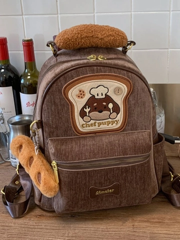 Mochila de Pana con Cachorro Chef Lindo para Mujer Estilo Preppy Gran Capacidad Mochila Marrón con Colgante de Pan de Felpa