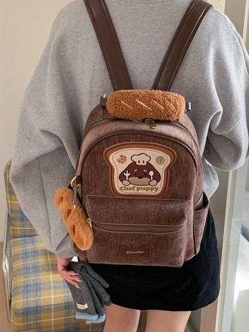 Mochila de Pana con Cachorro Chef Lindo para Mujer Estilo Preppy Gran Capacidad Mochila Marrón con Colgante de Pan de Felpa