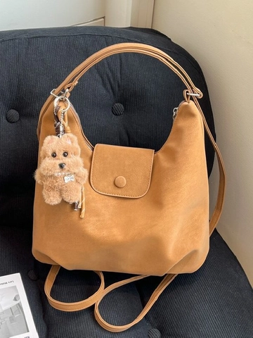 Borsa Tote da Donna in Pelle PU Vintage Stile Preppy di Nicchia Borsa a Spalla Con Pendaglio in Peluche Borsa per Pendolari